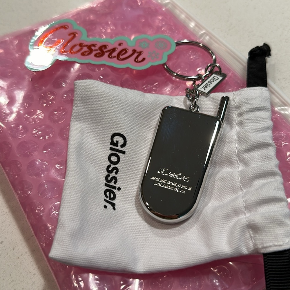 Glossier Flip Phone Key Chain w Bubble Bag & Sticker (4pc set) - Picture 2 of 7
